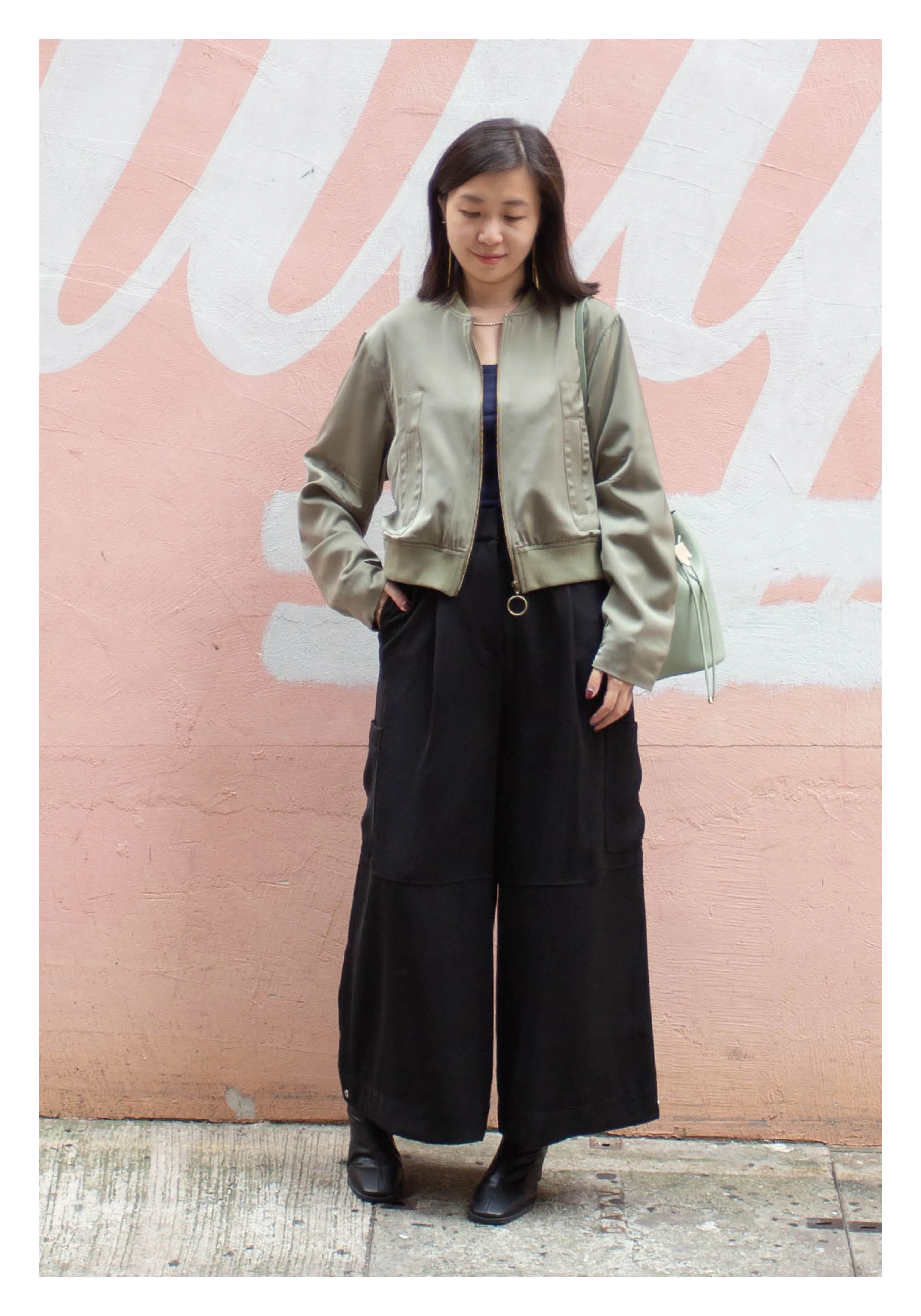 Cropped Slit Bomber Jacket Military Green