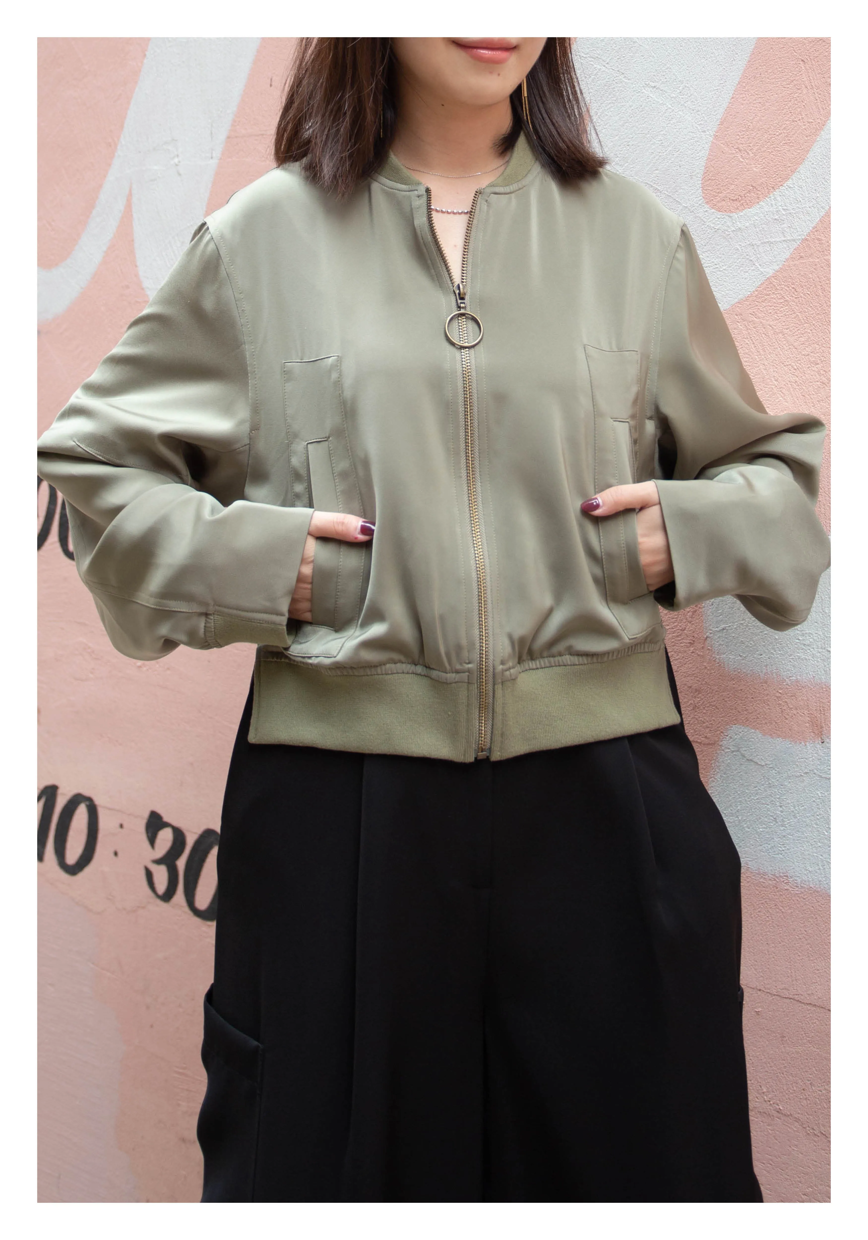 Cropped Slit Bomber Jacket Military Green