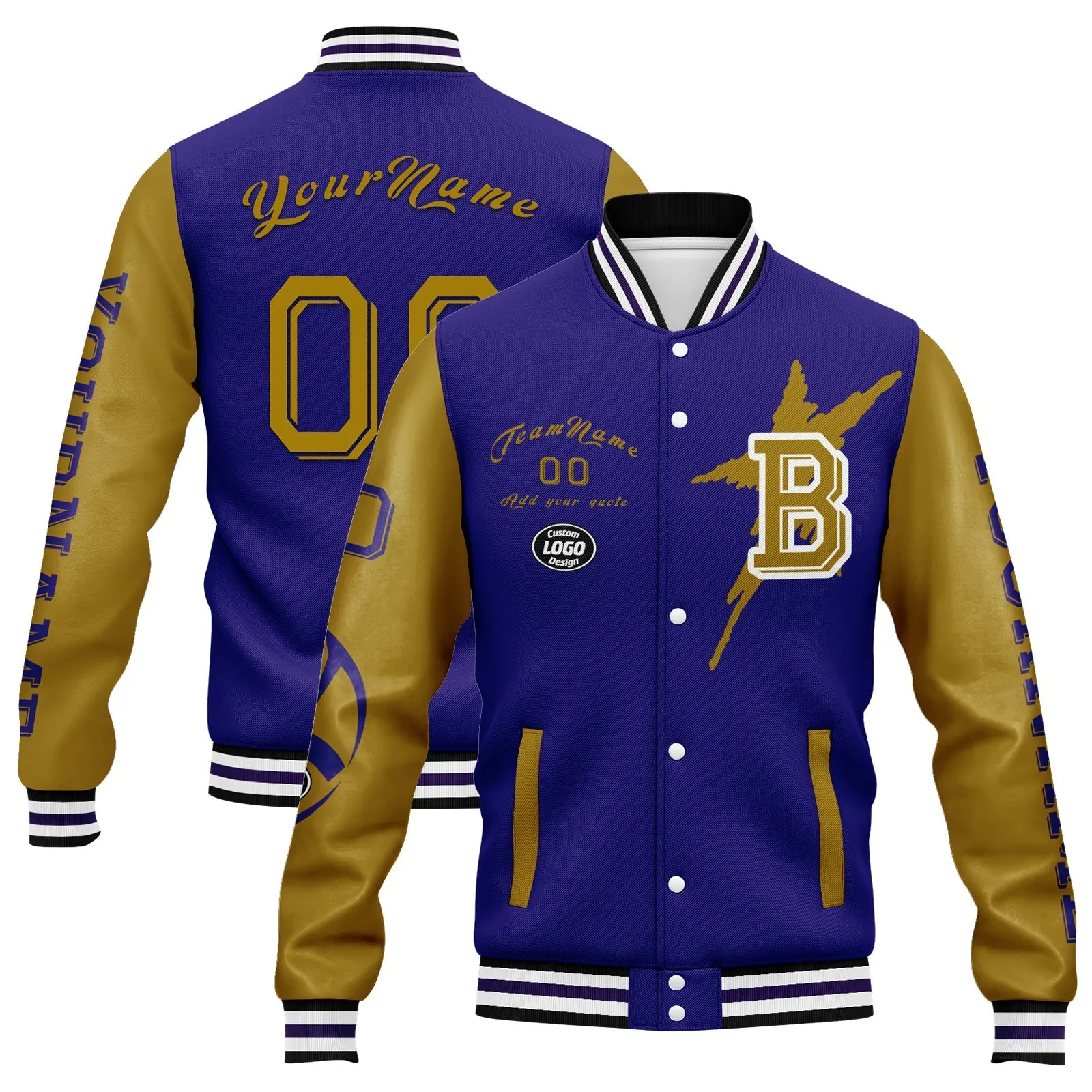 Custom Purple Yellow Baltimore Jacket Bomber Full-Snap Varsity Letterman Personalized Jacket FZ005SX-D020290-2