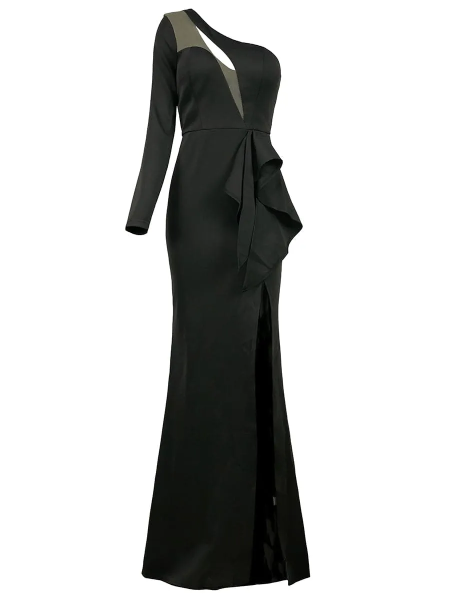 Cut Out Long Sleeve Black Maxi Knit Evening Dress XH2492