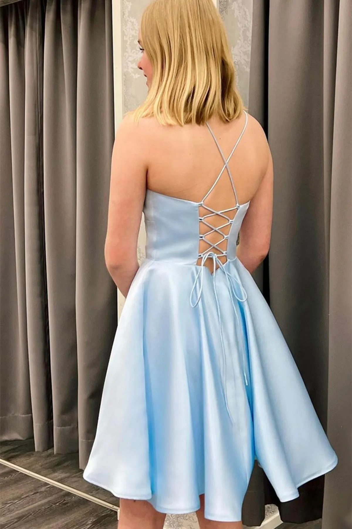 Cute Backless Short Light Blue Satin Prom Homecoming Dress, Open Back Light Blue Formal Graduation Evening Dress A1597