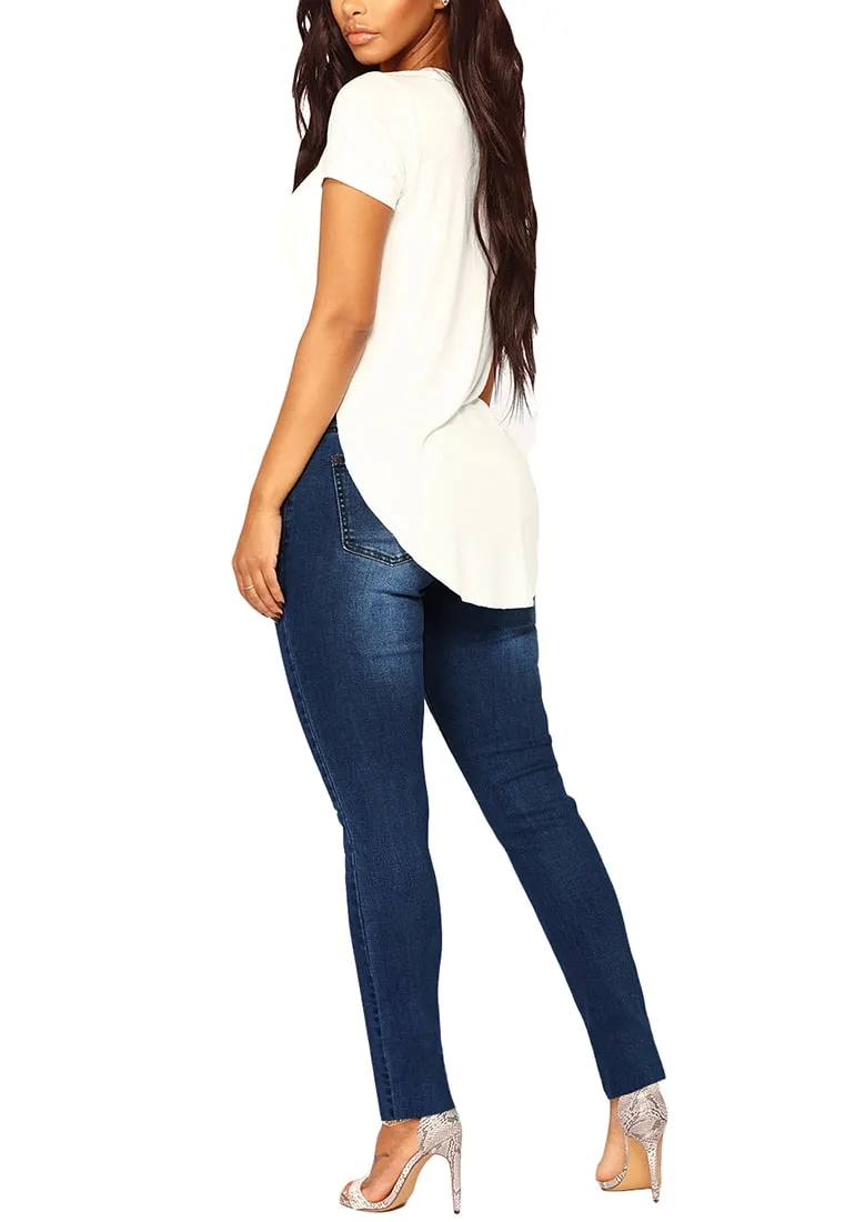 Dark Blue Drawstring-Waist Washout Ripped Skinny Jeans