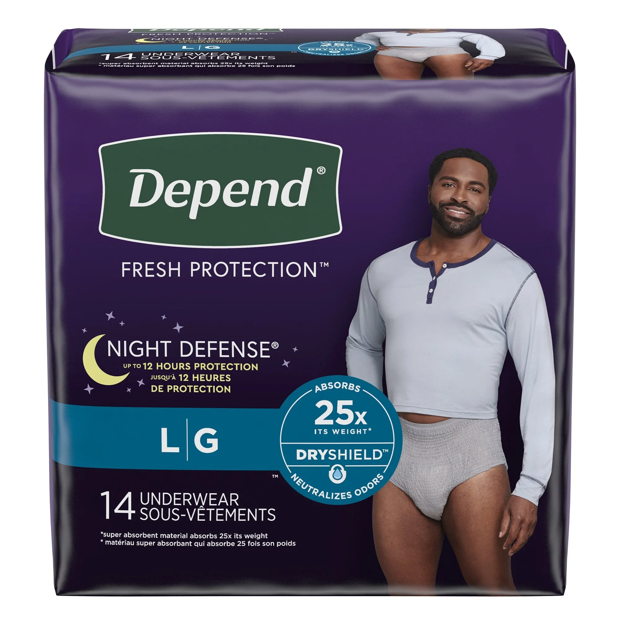 Depend Night Defense, Overnight Underwear, Grey, Male, Large