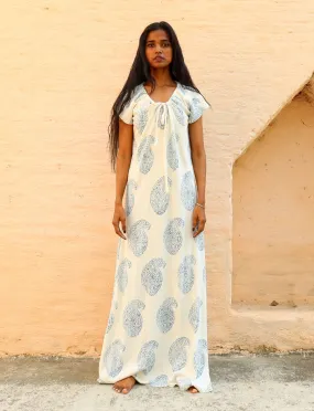 Drawstring Collar Simplicity Long BLOCK PRINTED Dress