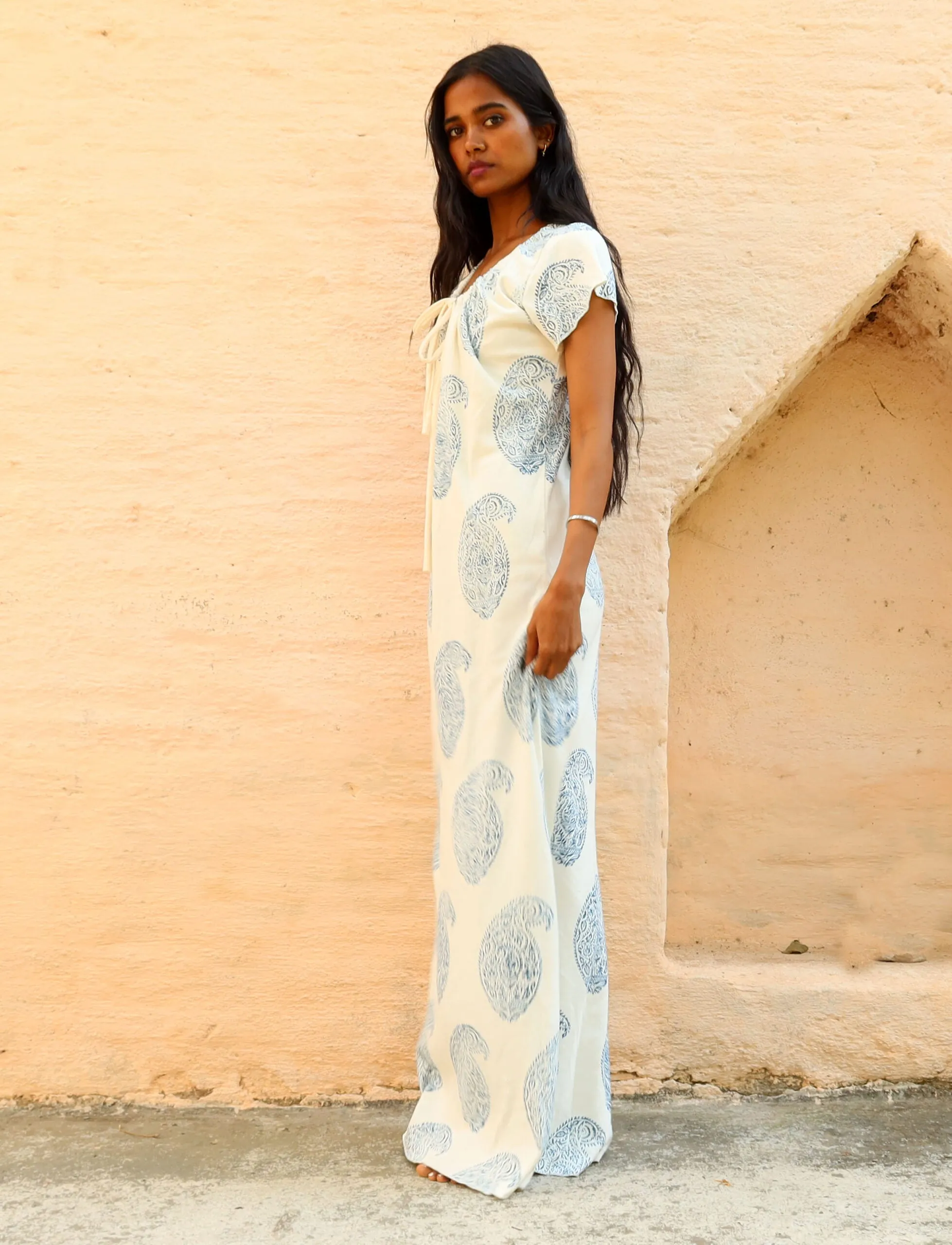 Drawstring Collar Simplicity Long BLOCK PRINTED Dress