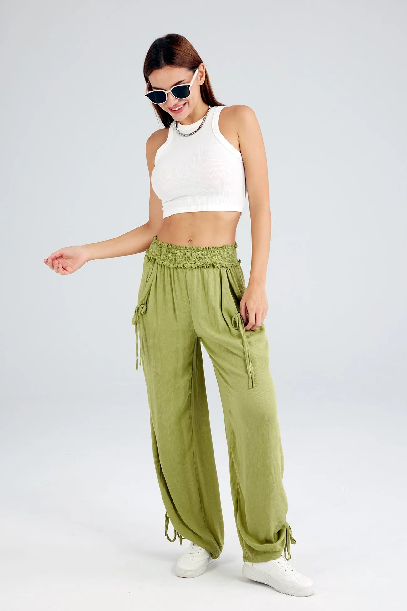 Drawstring Shirred Waist Wide Leg Trousers