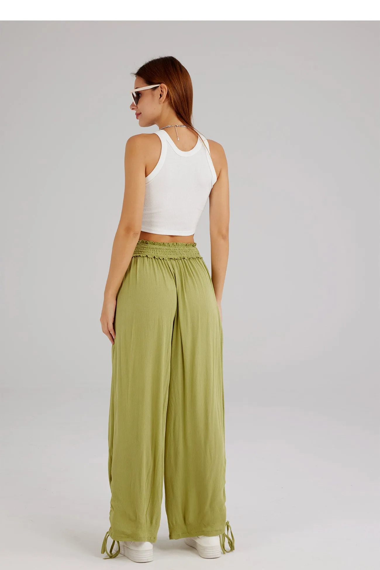 Drawstring Shirred Waist Wide Leg Trousers