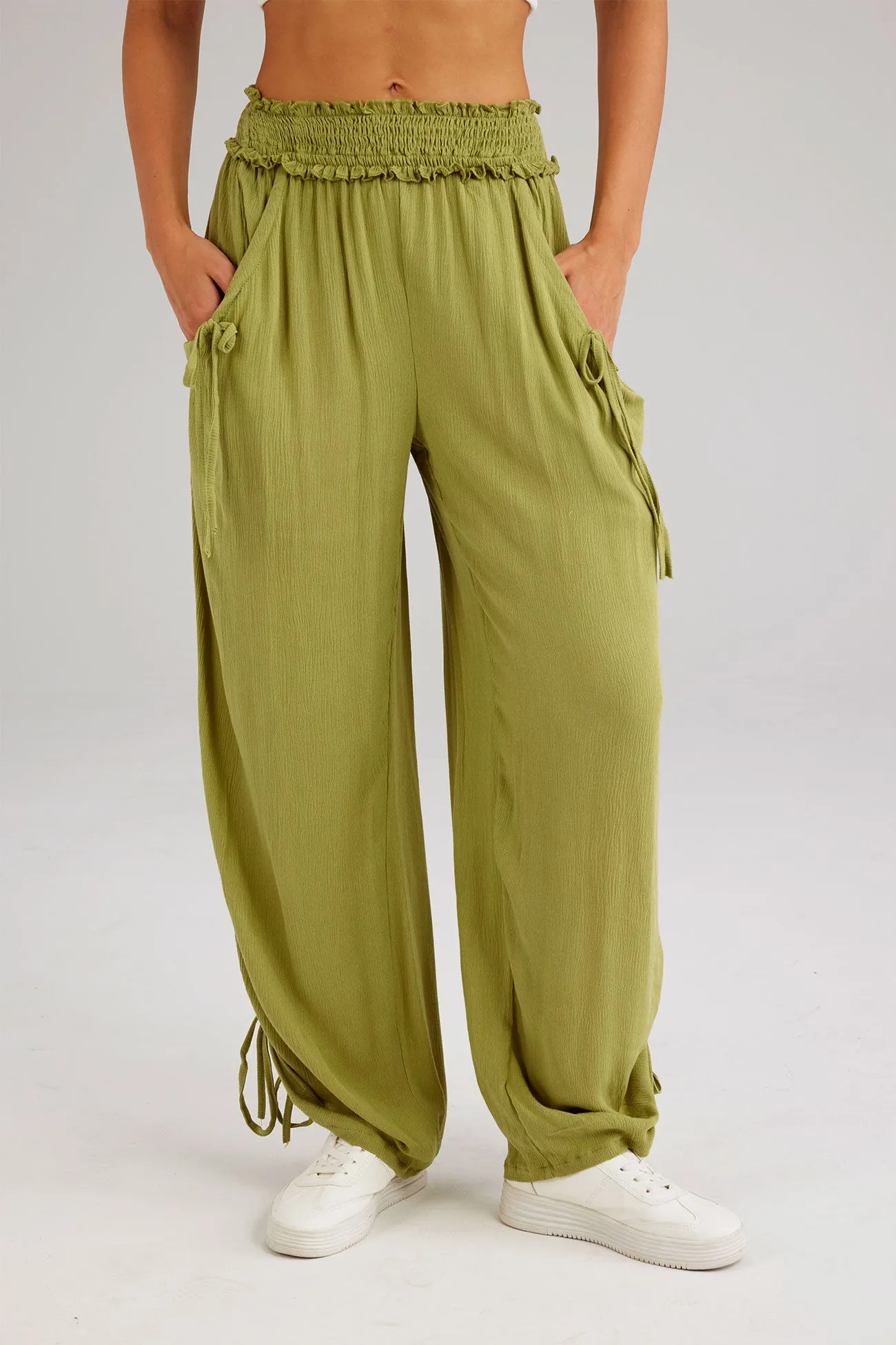 Drawstring Shirred Waist Wide Leg Trousers