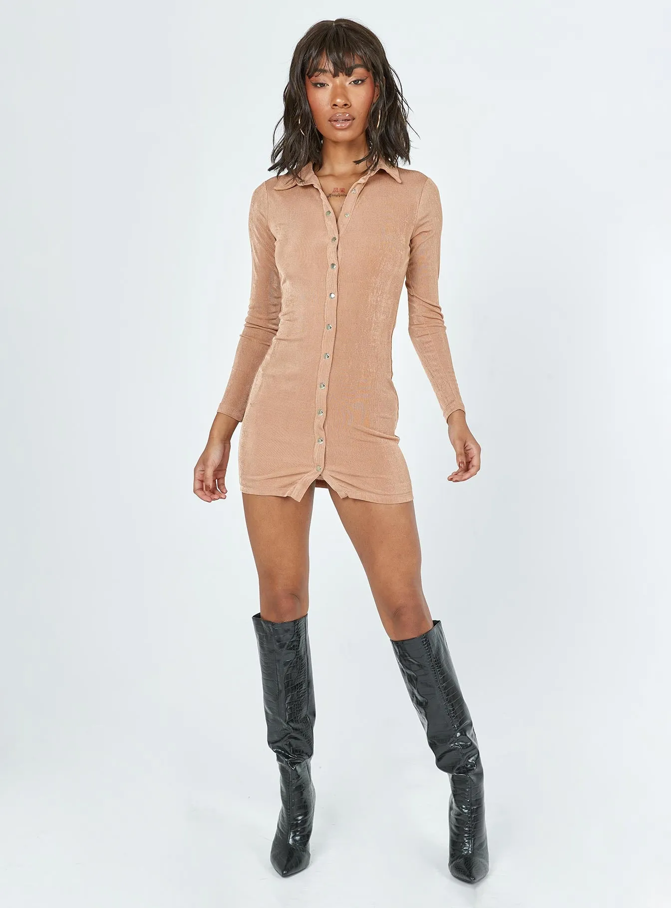 Elody Long Sleeve Mini Dress Brown