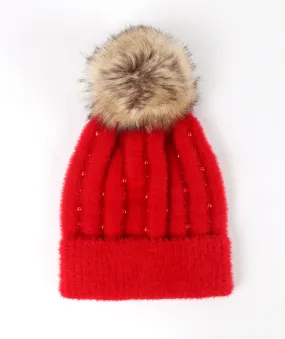 Embellished Pom Pom Hat - Red