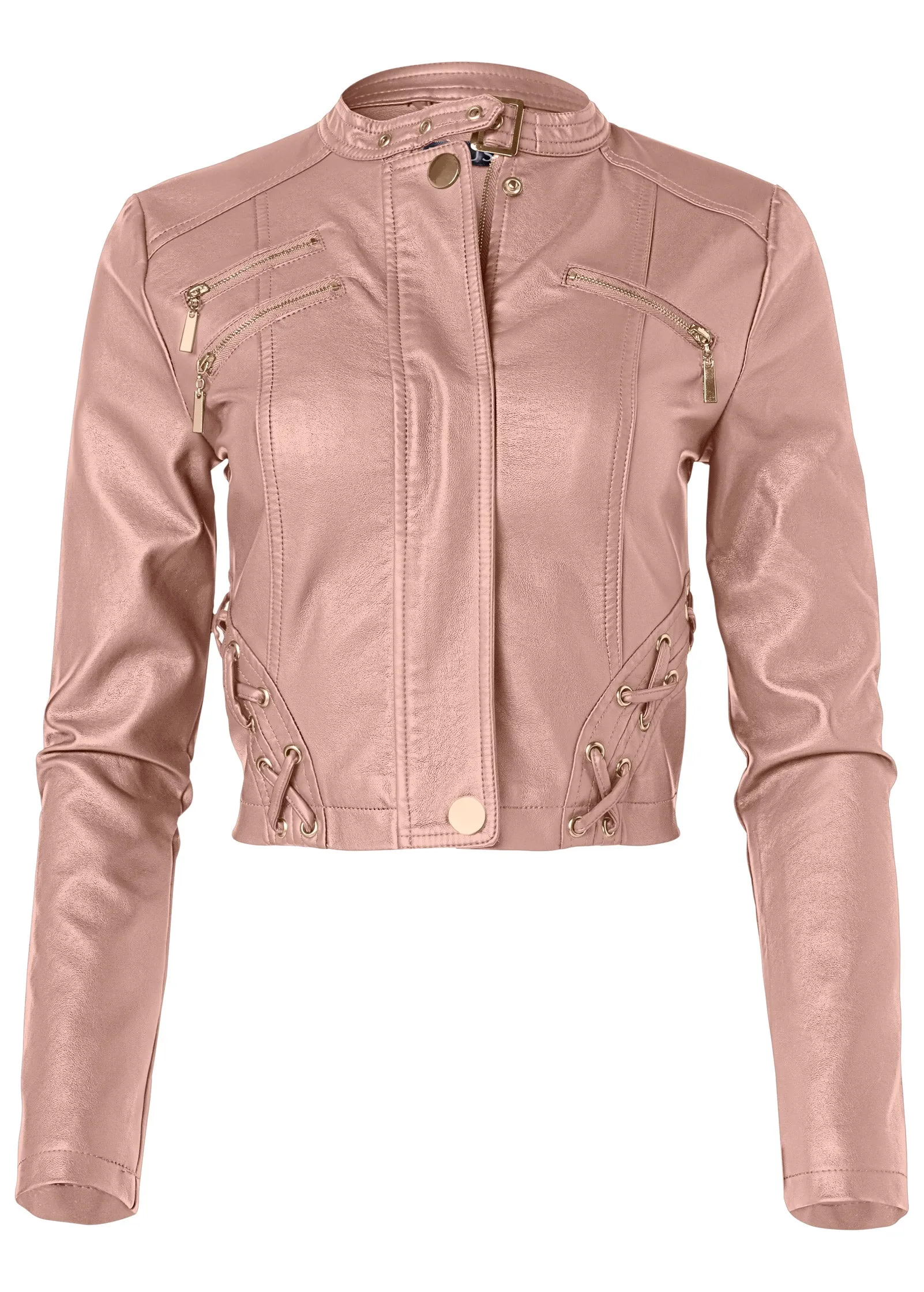 Faux-Leather Lace-Up Jacket - Rose Gold