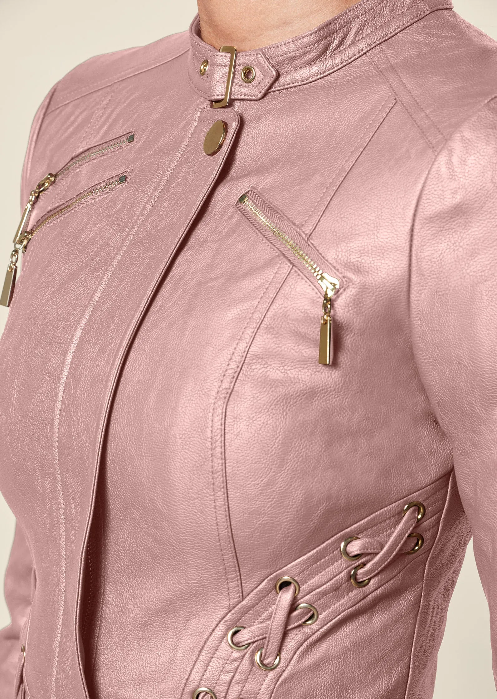 Faux-Leather Lace-Up Jacket - Rose Gold