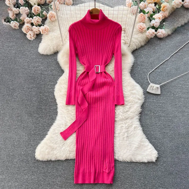 Figure-Flattering Long Sleeve Knitted Turtleneck Bodycon Sweater Dress with Belt