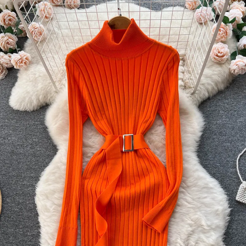 Figure-Flattering Long Sleeve Knitted Turtleneck Bodycon Sweater Dress with Belt