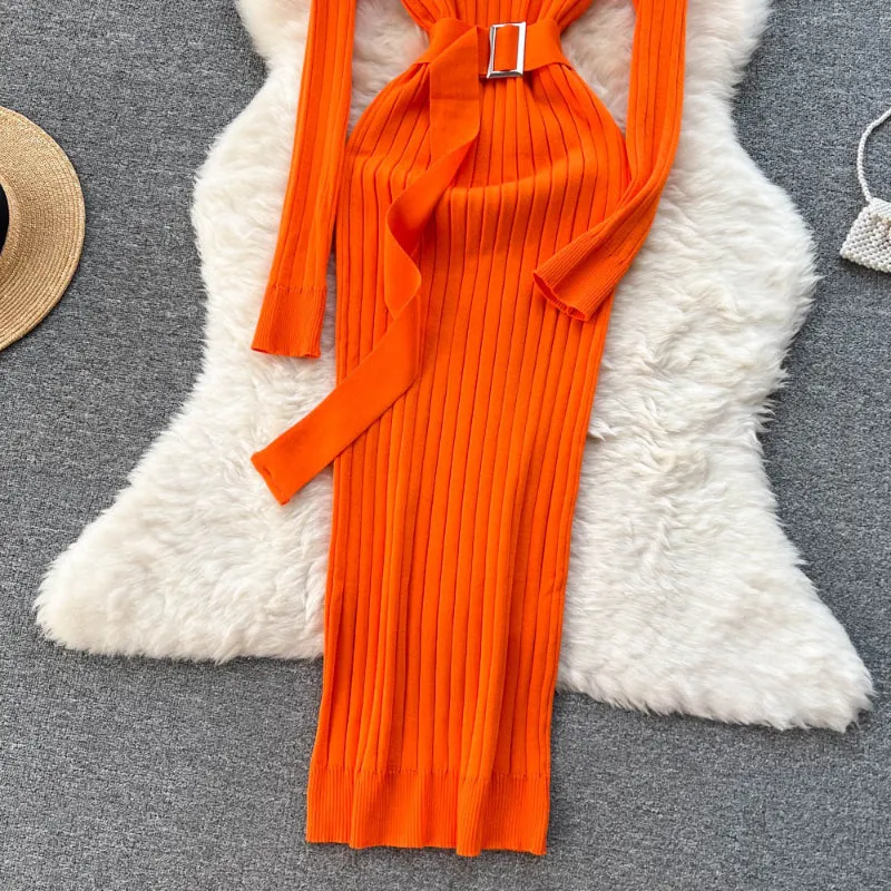 Figure-Flattering Long Sleeve Knitted Turtleneck Bodycon Sweater Dress with Belt