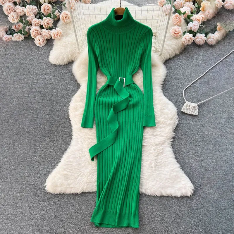 Figure-Flattering Long Sleeve Knitted Turtleneck Bodycon Sweater Dress with Belt