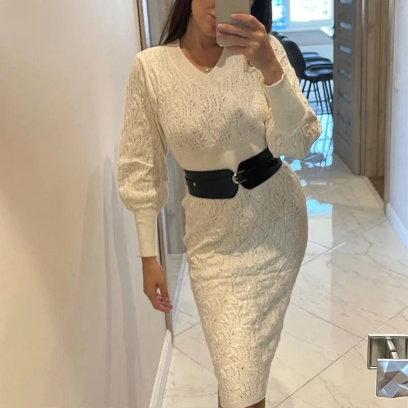 Flattering Hollow Out Knitted Long Sleeve Sweater Dresses