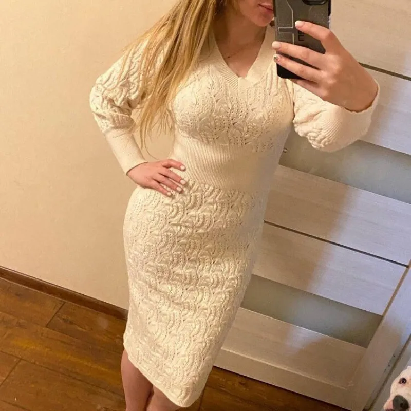 Flattering Hollow Out Knitted Long Sleeve Sweater Dresses