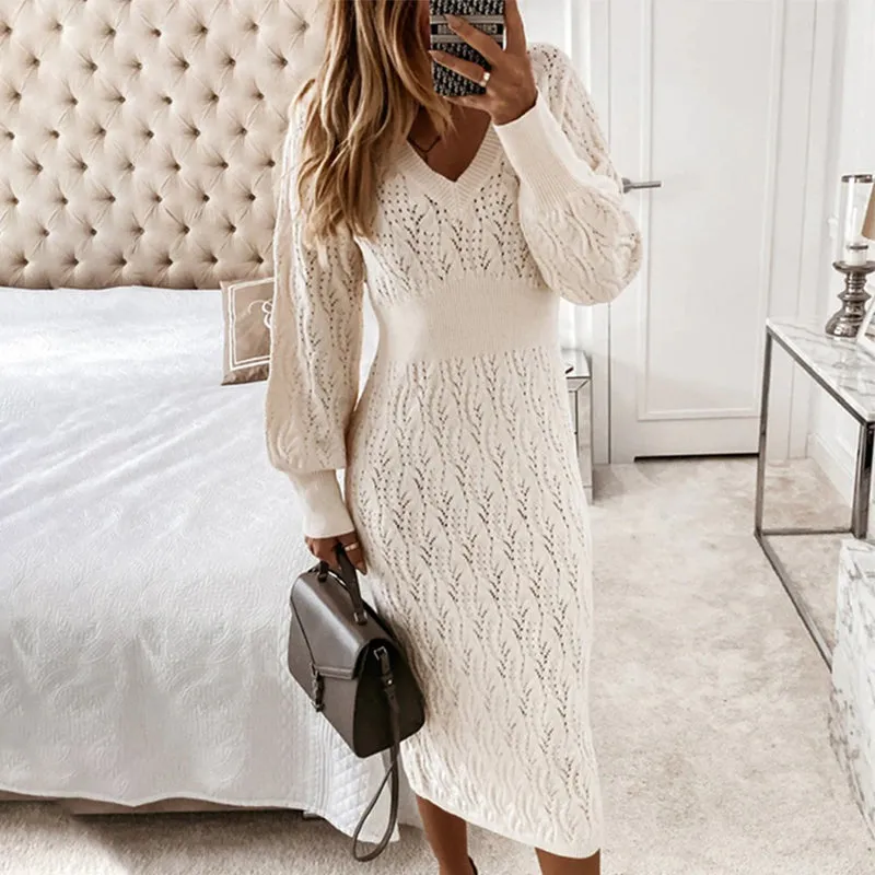 Flattering Hollow Out Knitted Long Sleeve Sweater Dresses