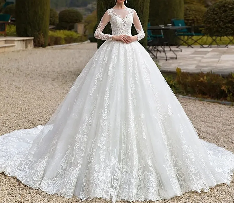 Floral Lace Cathedral Train Ball Wedding Gown All Sizes