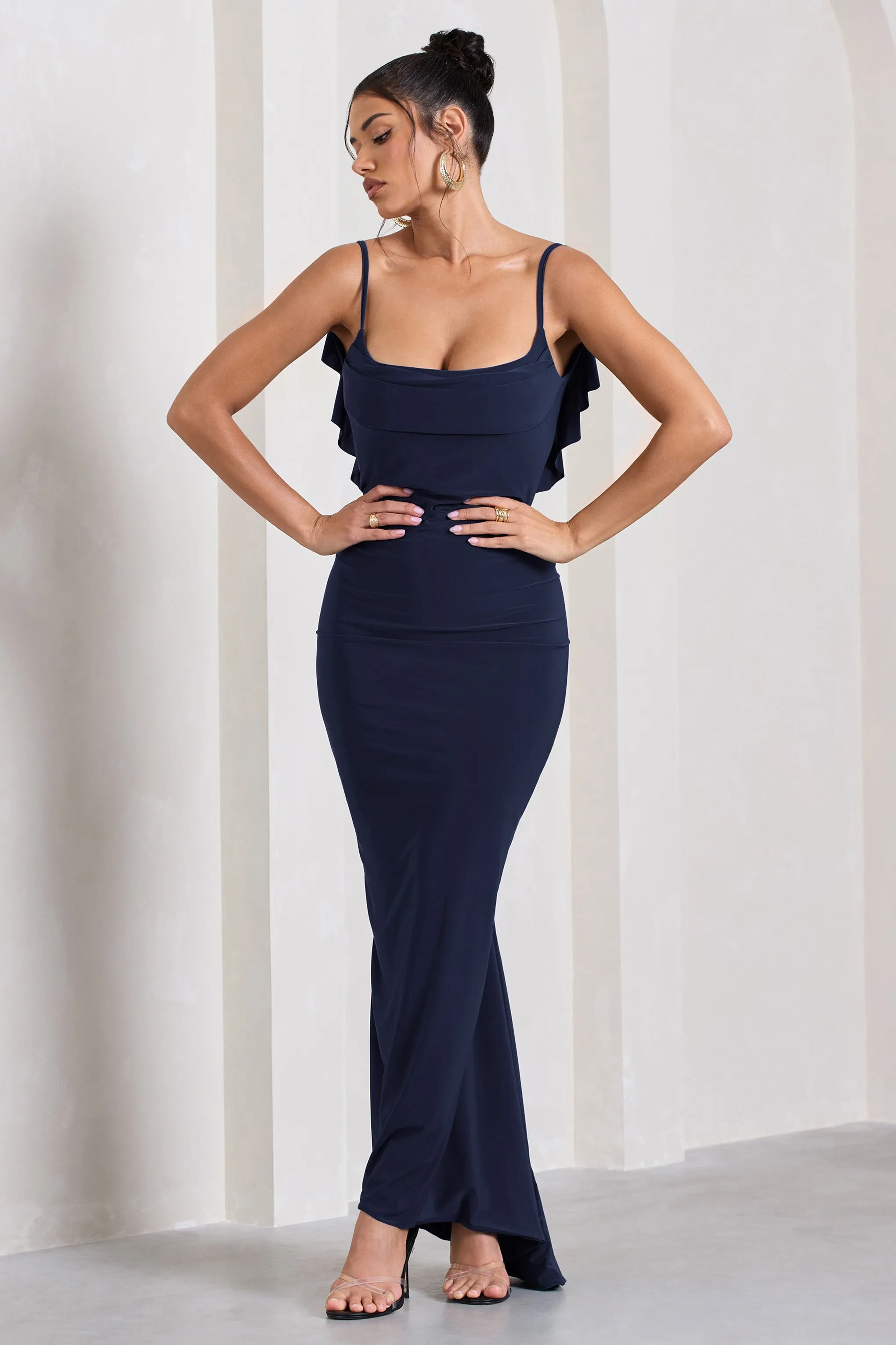 Flute | Navy Bodycon Maxi Dress With Ruched Ruffled Back