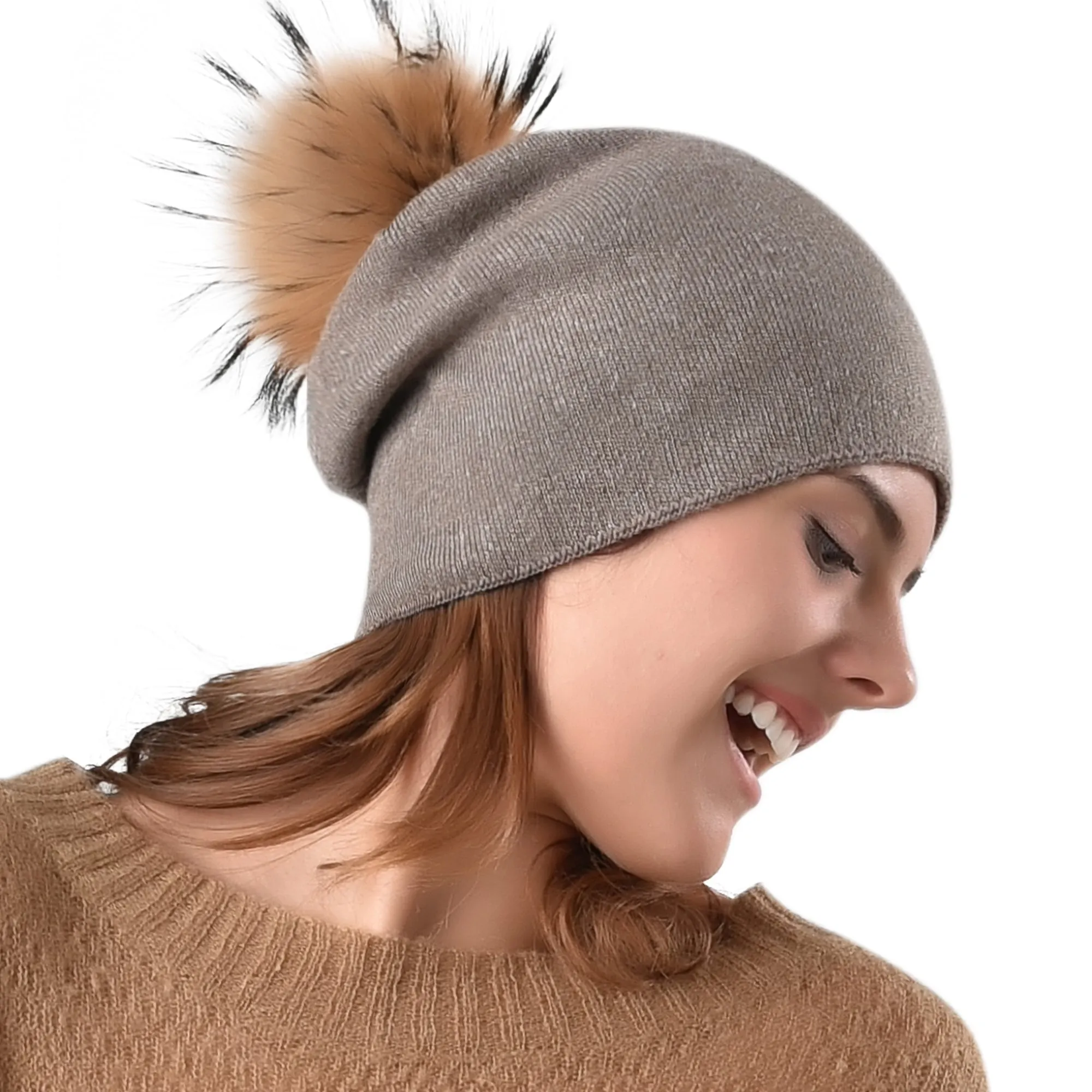 FURTALK Women Winter Real Fur Slouchy Pompom Hat Drop Shipping  AD011