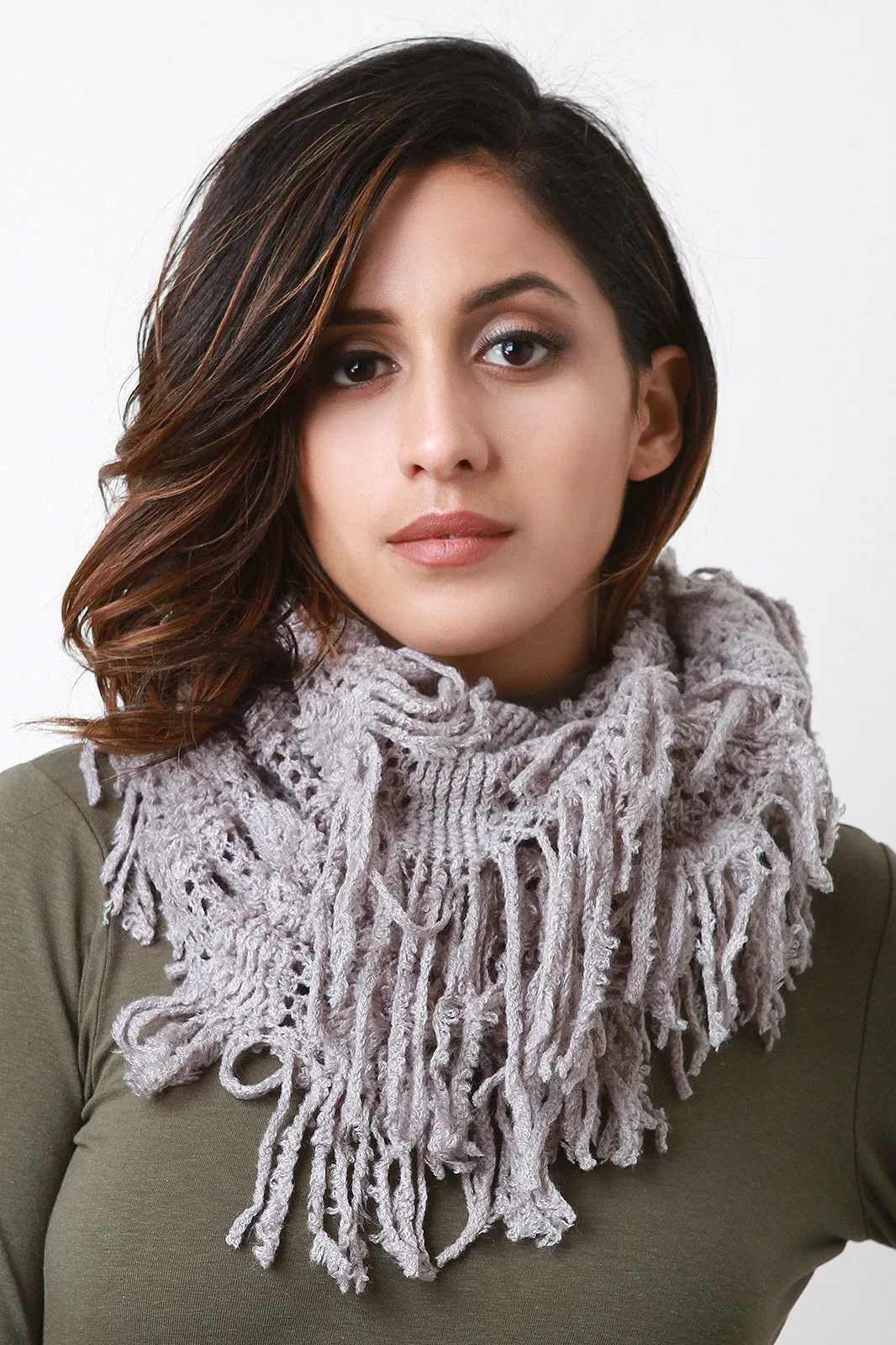 Fuzzy Stripe Knit Fringe Circle Scarf