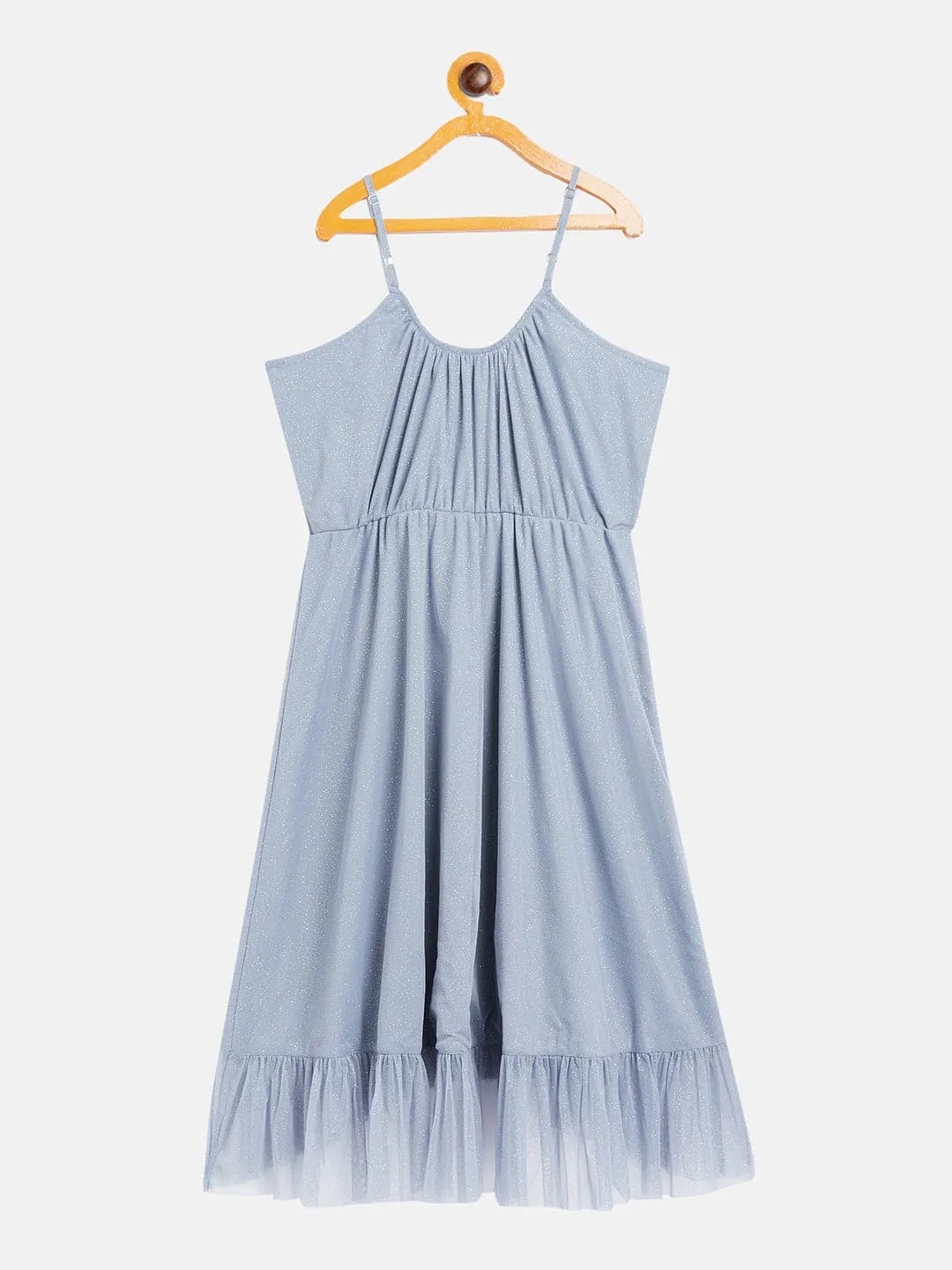 Girls Blue Mesh Lurex Strappy High Low Dress