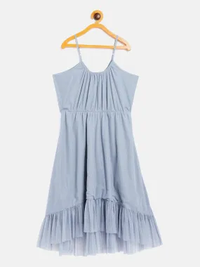 Girls Blue Mesh Lurex Strappy High Low Dress