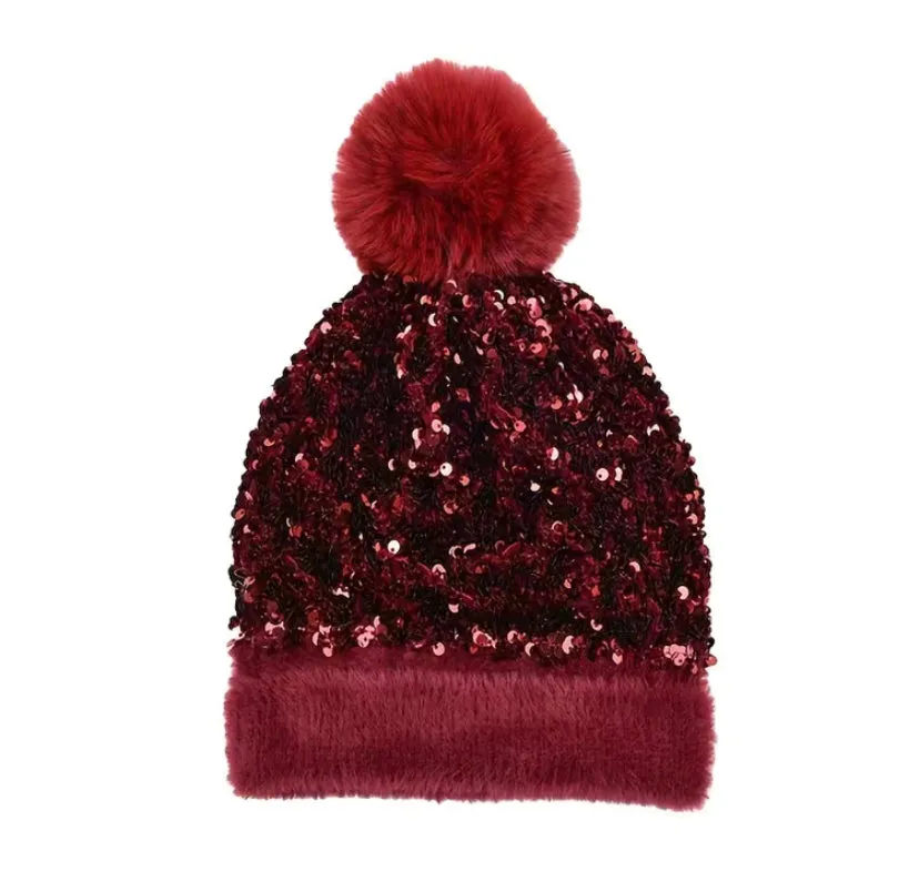 Glitzy Glam Pom Beanie: burgundy