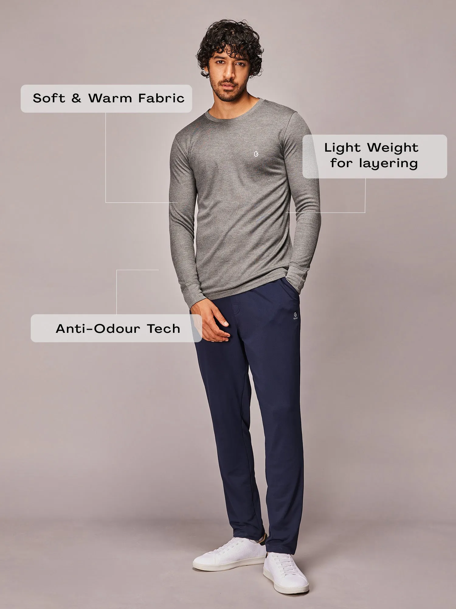 Gloot Men's High-End Acrylic Viscose Long Sleeve Thermal Top Grey Melange