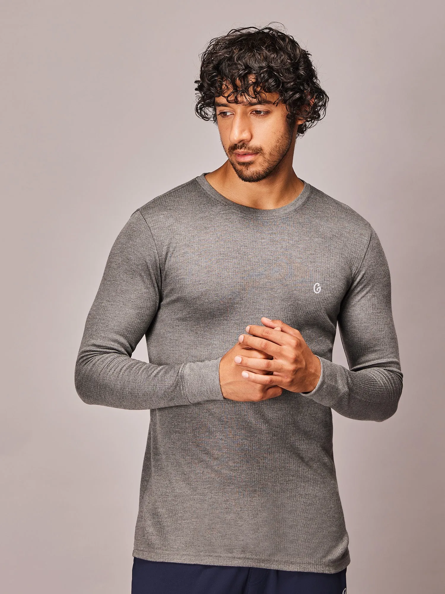 Gloot Men's High-End Acrylic Viscose Long Sleeve Thermal Top Grey Melange