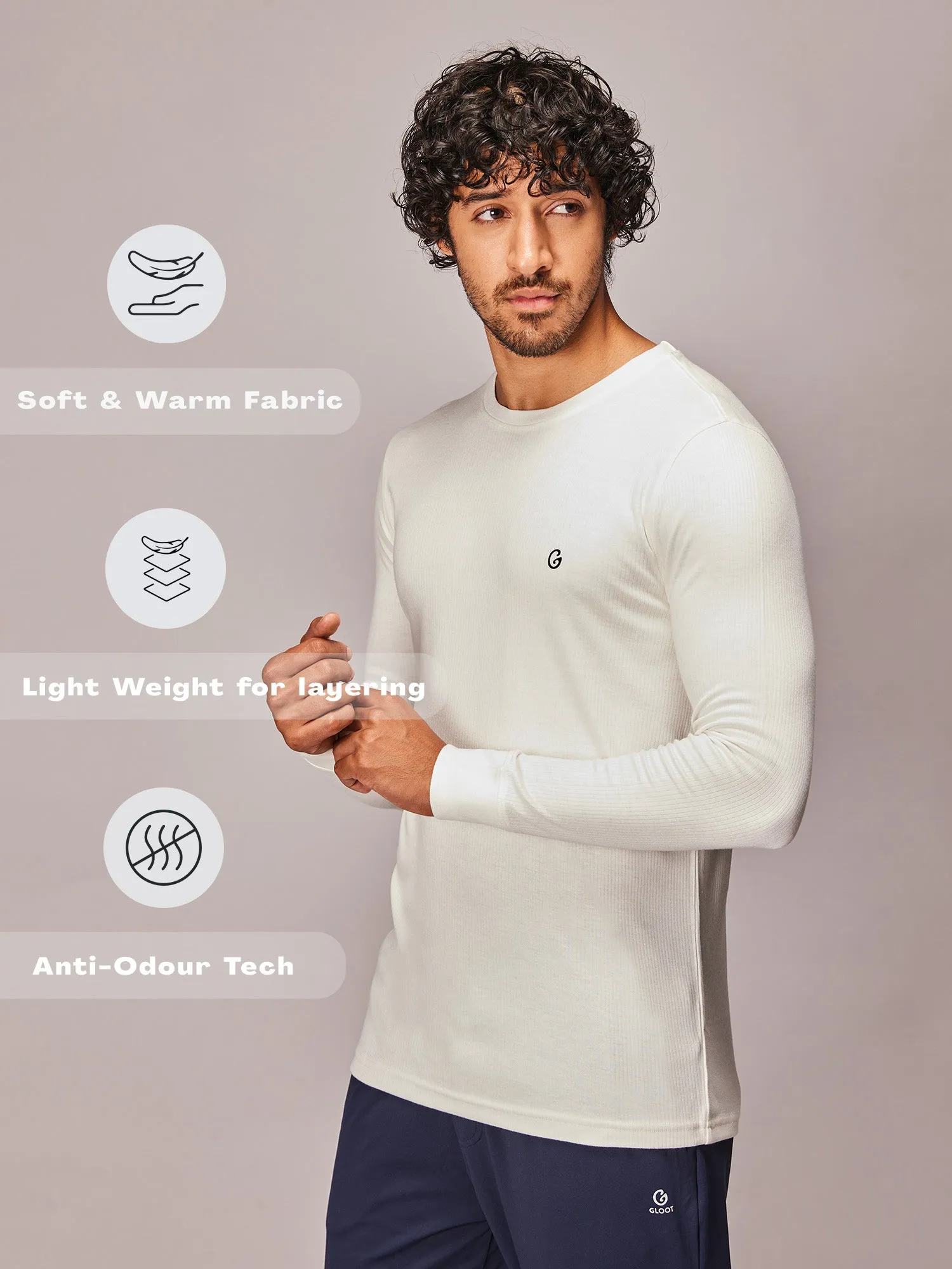 Gloot Men's High-End Acrylic Viscose Long Sleeve Thermal Top Ivory White