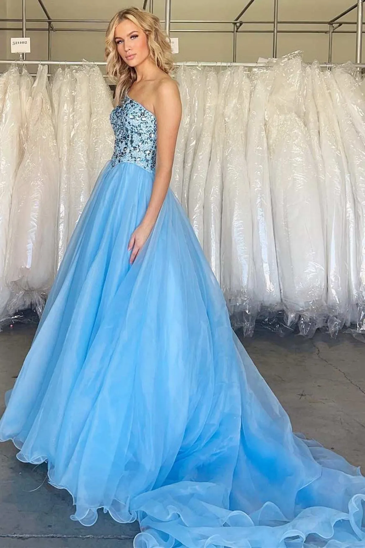 Gorgeous One Shoulder Beaded Blue Tulle Long Prom Dress, Blue Formal Evening Dress, Ball Gown A1740