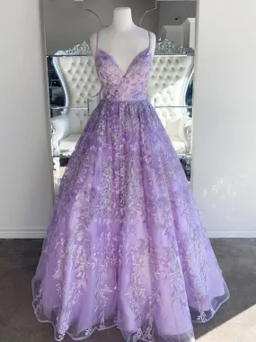 Gorgeous V Neck Backless Beaded Purple Lace Long Prom, Lilac Lace Formal, Purple Evening