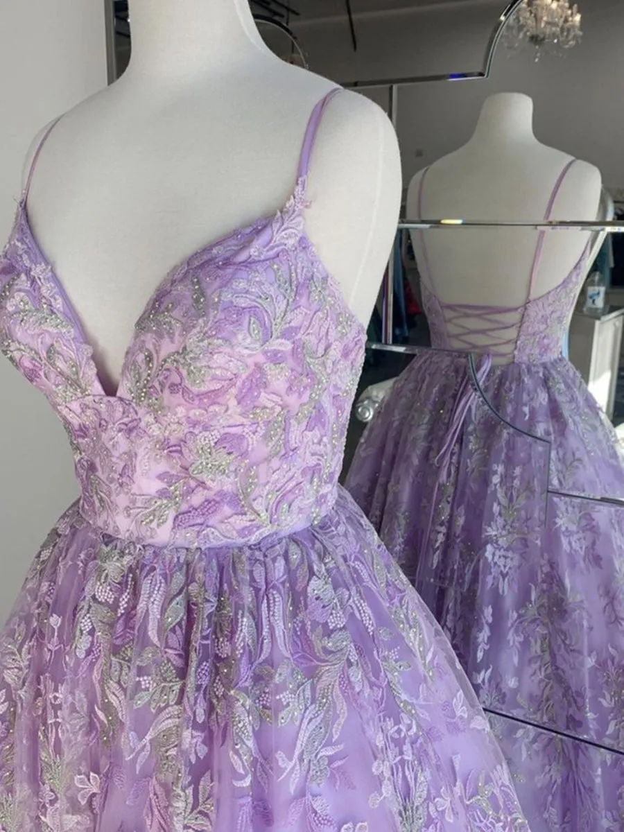 Gorgeous V Neck Backless Beaded Purple Lace Long Prom, Lilac Lace Formal, Purple Evening