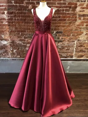 Gorgeous V Neck Burgundy Long Prom with Beadings, Burgundy Formal, Evening