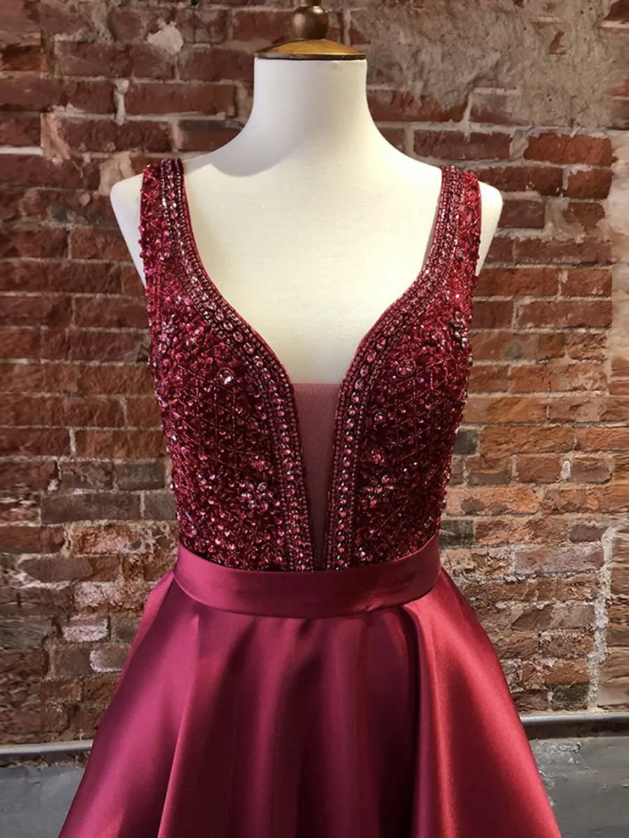 Gorgeous V Neck Burgundy Long Prom with Beadings, Burgundy Formal, Evening