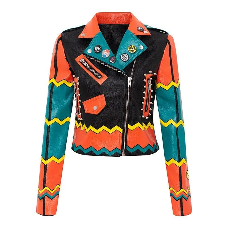 Graffiti Faux Leather Jacket Cropped Moto-Origins