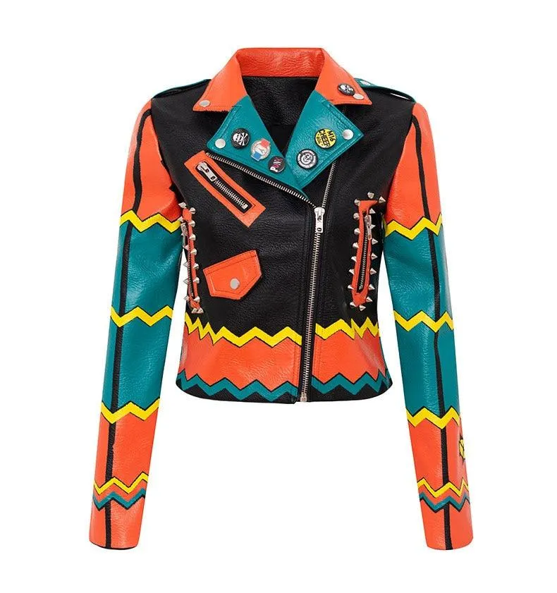 Graffiti Faux Leather Jacket Cropped Moto-Origins