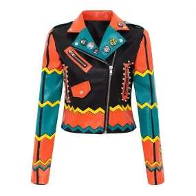 Graffiti Faux Leather Jacket Cropped Moto-Origins