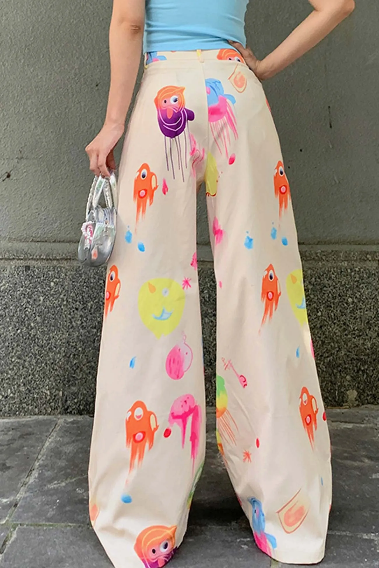 Graffiti Print Wide Leg Long Pants