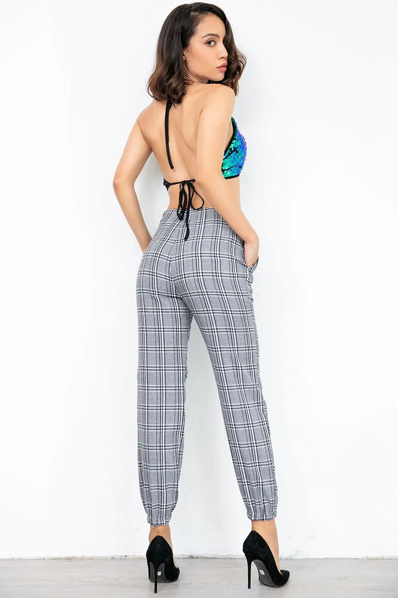 Gray Gingham High Waist Lantern Pants