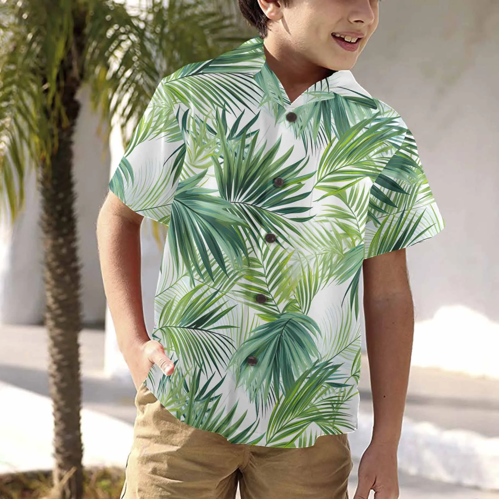 Green Palm Leaves  Little Boys Hawaiian Shirt