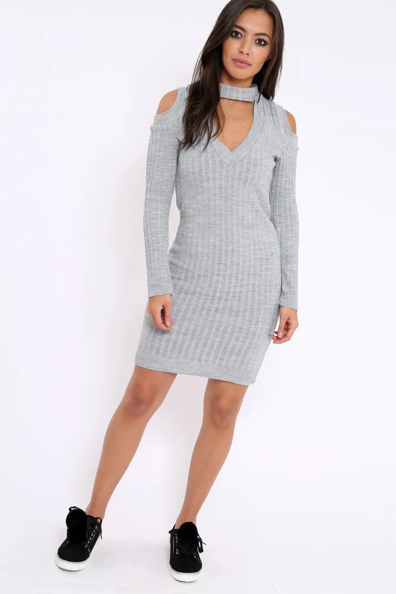 Grey Cold Shoulder and V Neck Cut Out Dress - Riona