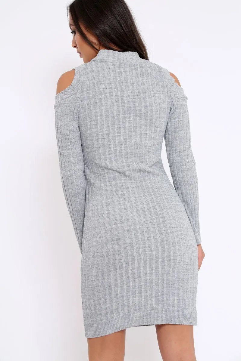 Grey Cold Shoulder and V Neck Cut Out Dress - Riona