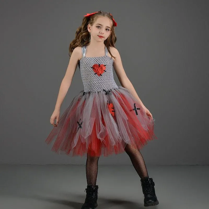 Halloween Girls' Dress Girl's heart-shaped color blocked mesh princess dress Mysterious Playful Little Dress