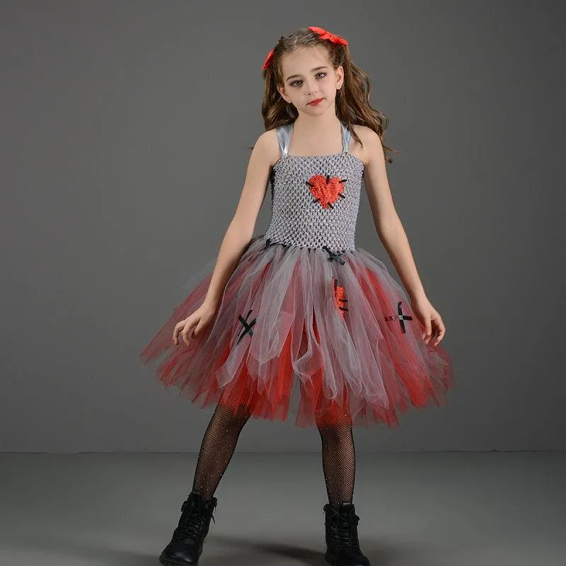 Halloween Girls' Dress Girl's heart-shaped color blocked mesh princess dress Mysterious Playful Little Dress