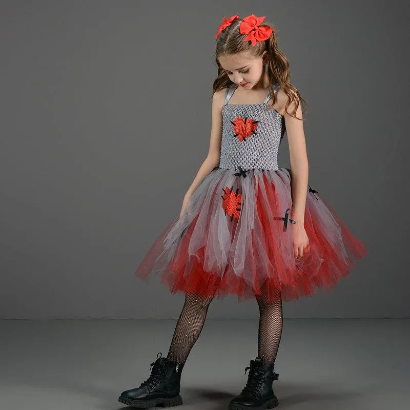 Halloween Girls' Dress Girl's heart-shaped color blocked mesh princess dress Mysterious Playful Little Dress