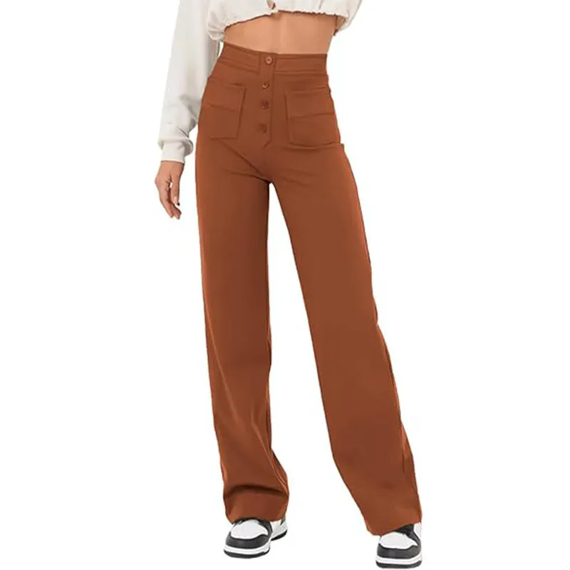 High Waist Trousers With Pockets Casual Loose Wide Leg Button Straight Pants Women's Clothing